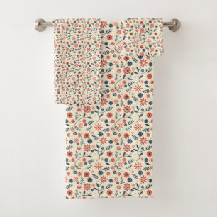Aesthetic Orange and Blue Flower Pattern Bath Towel Set