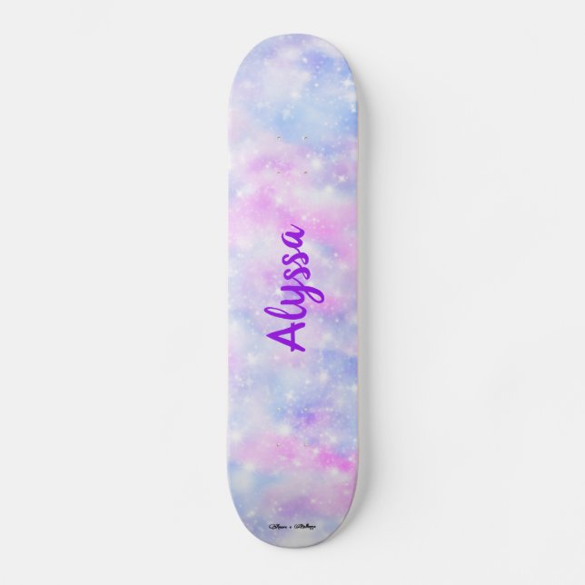 Aesthetic Pastel Clouds Sparkle Personalised Skateboard (Front)