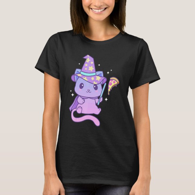 Aesthetic Pastel Goth Kitten With Pizza Cute Pizza T-Shirt (Front)