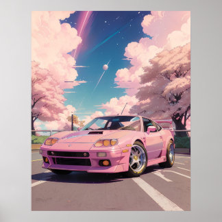 Aesthetic Pastel Pink Car Drifting in Tokyo during Poster