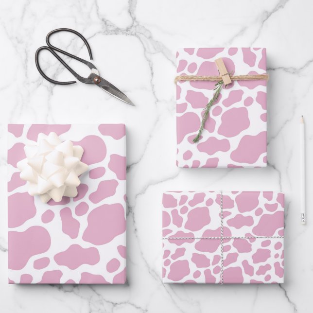 Aesthetic Pastel Pink Cow Print Pattern Wrapping Paper Sheet (Front)