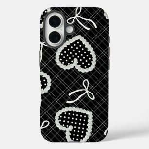 Aesthetic Pearl Framed Polka Dot Heart & White Bow iPhone 16 Case