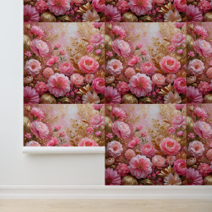 Aesthetic Pink and Gold Flower Wall Mural
