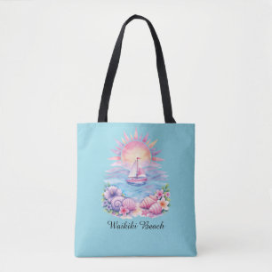 Aesthetic Pink Beach Sailboat Watercolor Sunset Tote Bag