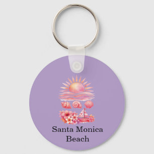 Aesthetic Pink Beach Sunset Watercolor Key Ring