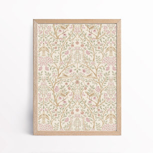 Aesthetic Pink Beige Birds in Trees Botanical Poster