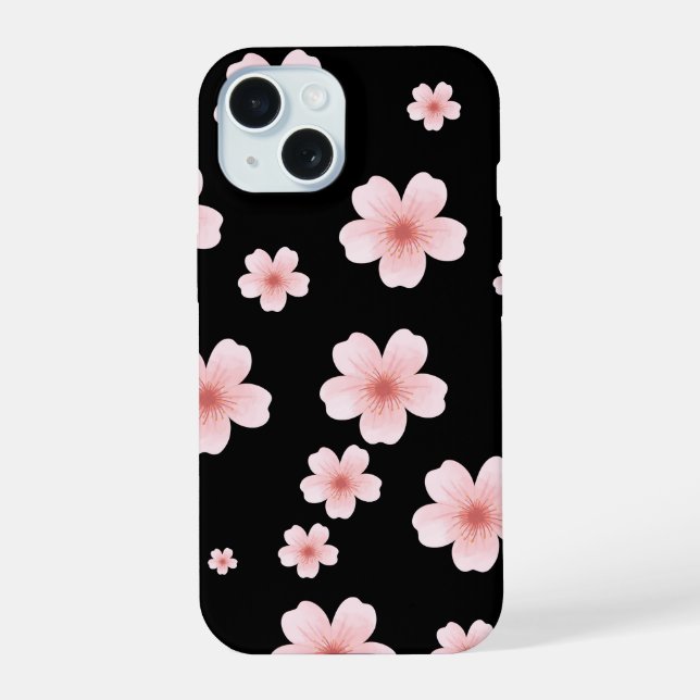 Aesthetic Pink Cherry Blossom Pattern Dark Floral  iPhone 15 Case (Back)