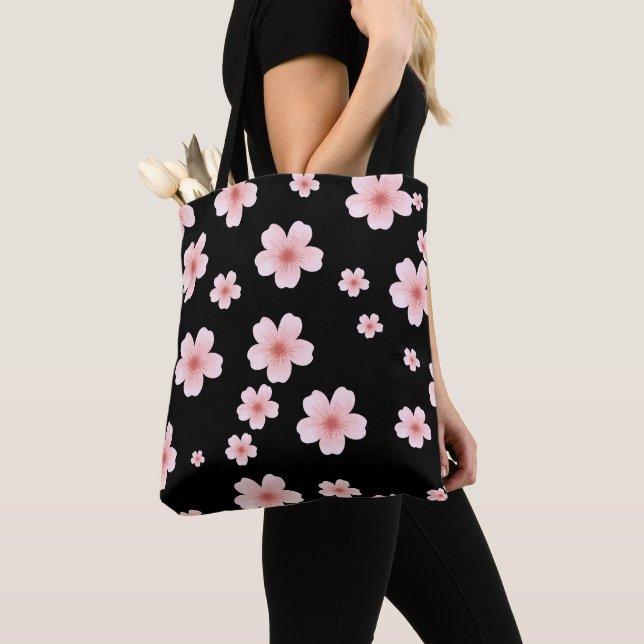 Aesthetic Pink Cherry Blossom Pattern Dark Floral  Tote Bag (Close Up)