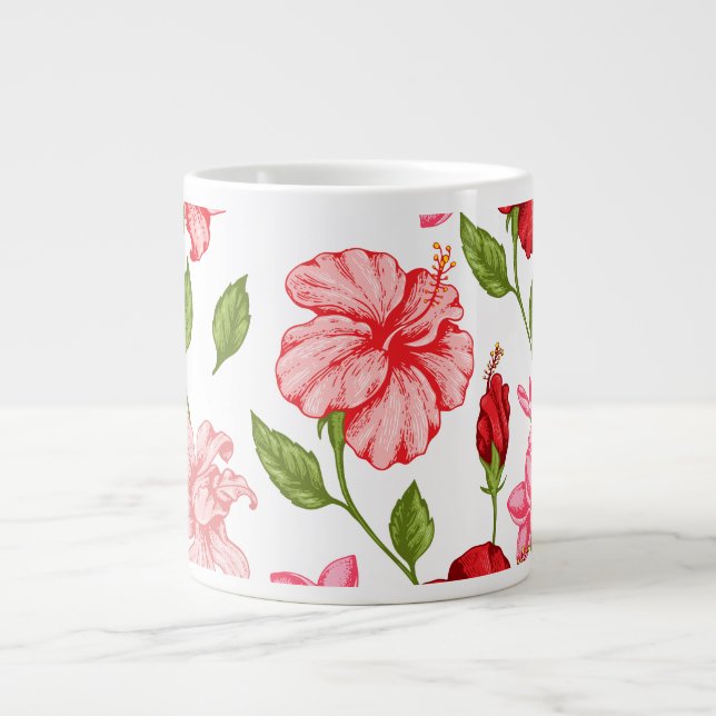 Aesthetic Pink Hibiscus Floral Pattern Coffee Mug (Front)