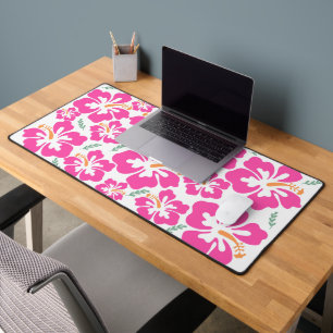 Aesthetic pink hibiscus repeating pattern desk mat