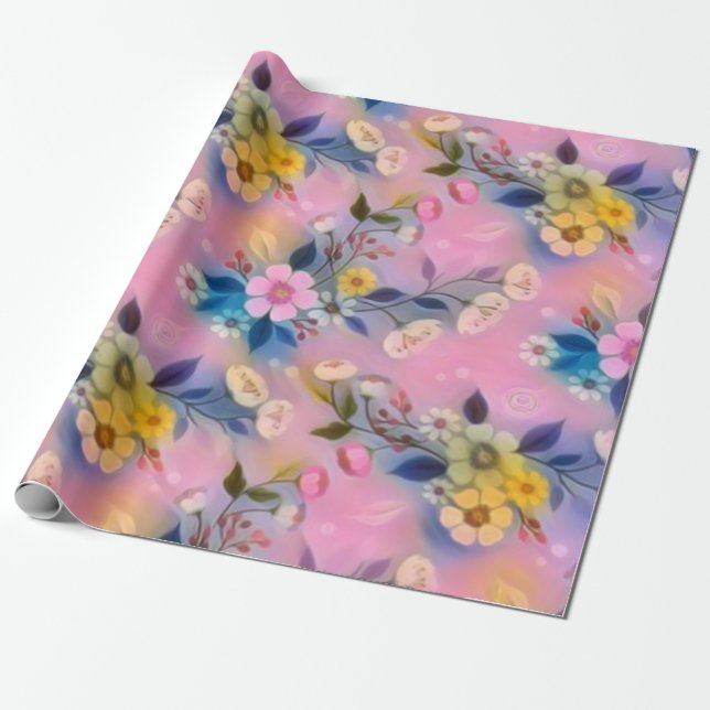 Aesthetic Pink Pattern With Yellow Flowers  Wrapping Paper (Unrolled)