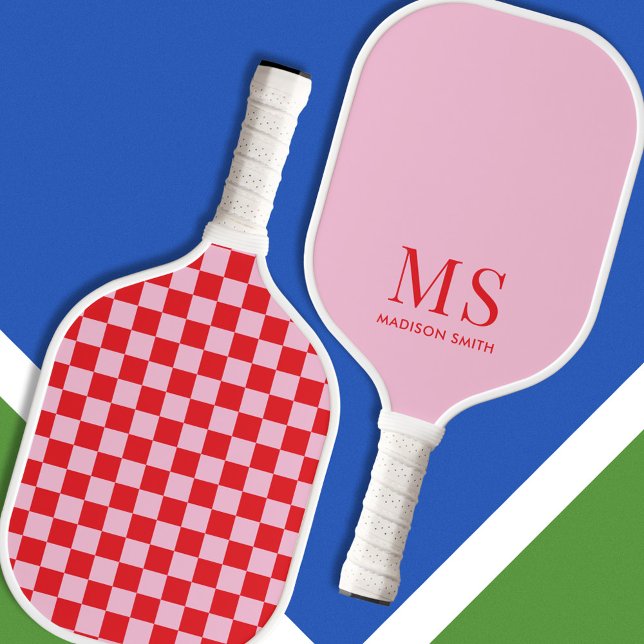 Aesthetic Pink Red Chequered Monogram Pickleball Paddle (Creator Uploaded)
