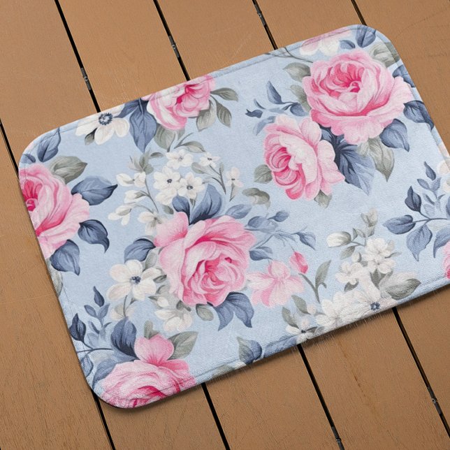 Aesthetic pink roses white flowers pattern bath mat (Creator Uploaded)