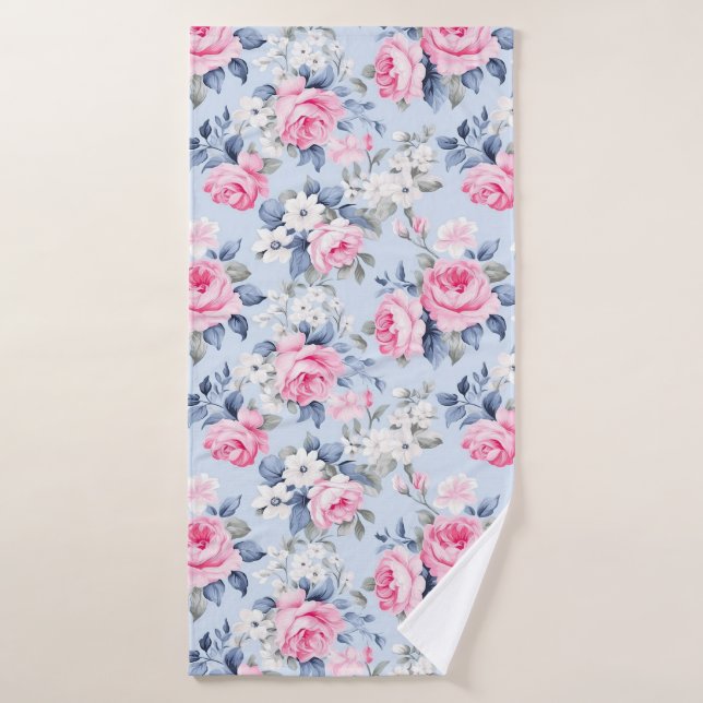 Aesthetic pink roses white flowers pattern bath towel set (Bath Towel)
