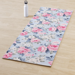 Aesthetic pink roses white flowers pattern yoga mat