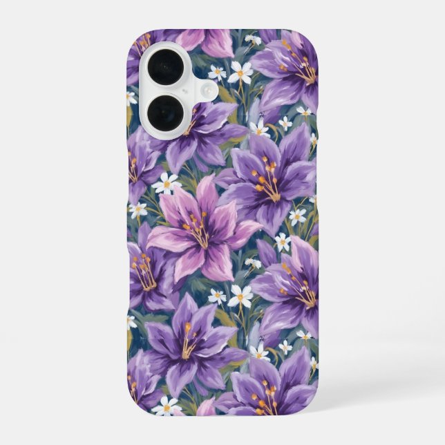 Aesthetic Purple Lily Floral Watercolor iPhone 16 Case (Back)