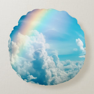 Aesthetic Rainbow and Clouds Round Cushion