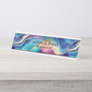 Aesthetic rainbow glitter agate texture desk name plate