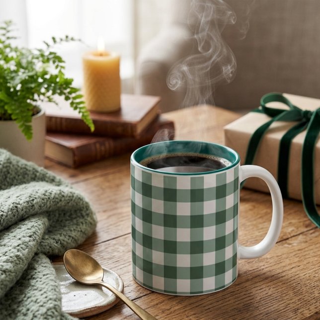 Aesthetic Sage Green Gingham Two-Tone Coffee Mug (Creator Uploaded)