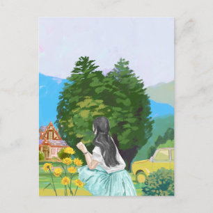 Aesthetic Scenery Girl on garden watercolor Postcard