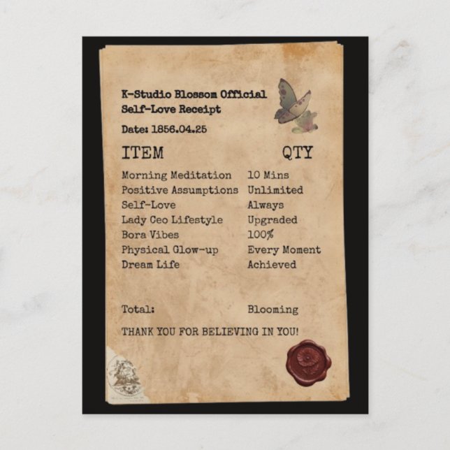 Aesthetic Self-Love Receipt Manifestation  Postcard (Front)