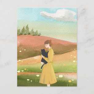 Aesthetic spring landscape women with cat  postcard