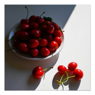 Aesthetic still life with ripe cherries on a white poster