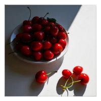 Aesthetic still life with ripe cherries on a white