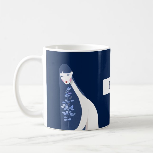 Aesthetic Stylish Artistic Navy Blue Woman Leaves  Coffee Mug (Left)
