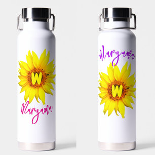 Aesthetic Sunflower, Trendy Girly Name & Monogram  Water Bottle