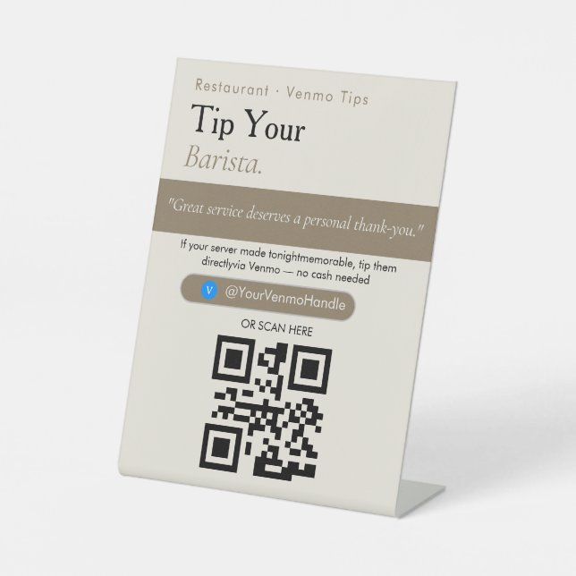 Aesthetic Tip Your Barista QR Code Sign | Venmo  (Front)