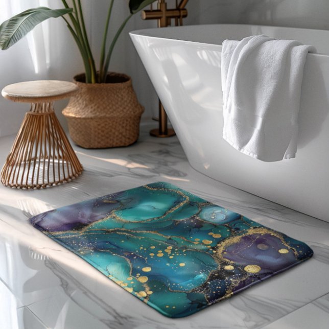 Aesthetic Turquoise & Gold Flowing Marble Bath Mat (Creator Uploaded)