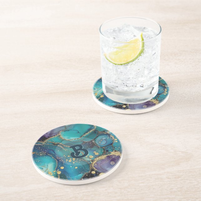 Aesthetic Turquoise & Gold Flowing Marble Coaster (Side)