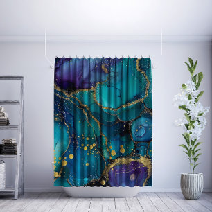 Aesthetic Turquoise & Gold Flowing Marble Shower Curtain