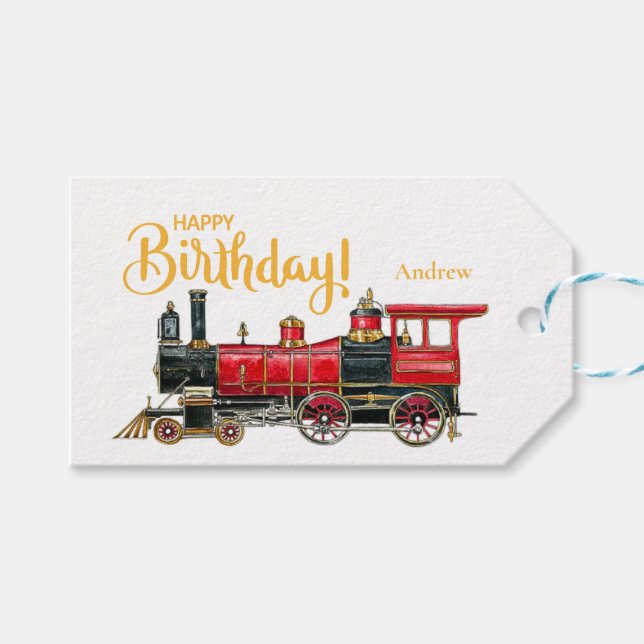 Aesthetic Vintage Train Birthday Gift Tags (Front (Horizontal))