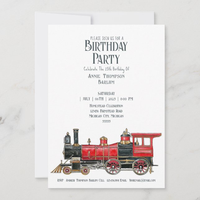 Aesthetic Vintage Train Birthday Invitation (Front)