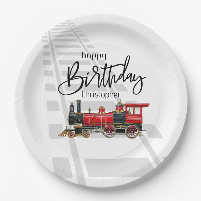 Aesthetic Vintage Train Birthday Paper Plates (Front)