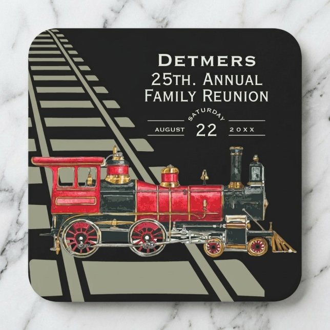 Aesthetic Vintage Train Family Reunion Coasters (Red Train Family Reunion Square Paper Coaster)