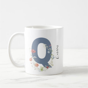 Aesthetic Watercolor Floral Letter Q Monogram Coffee Mug