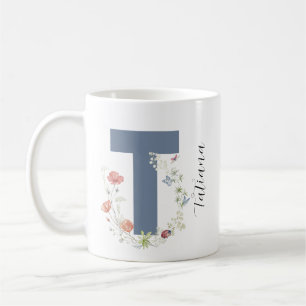 Aesthetic Watercolor Floral Letter T Monogram Coffee Mug