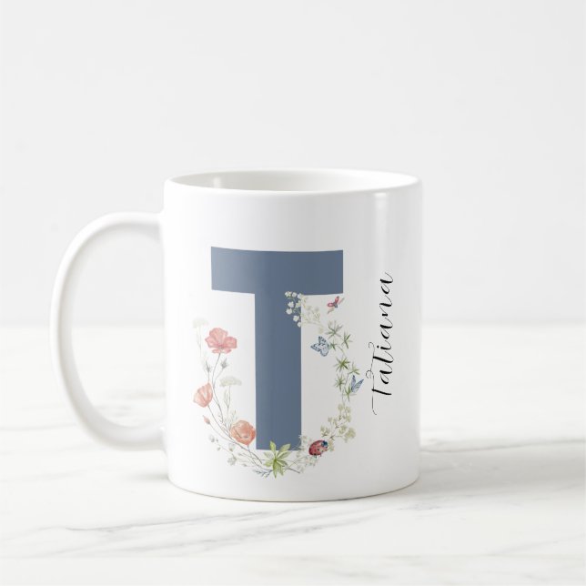 Aesthetic Watercolor Floral Letter T Monogram Coffee Mug (Left)