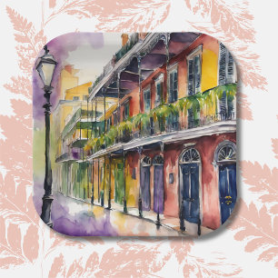 Aesthetic Watercolor Mardi Gras Bourbon Street Paper Plate