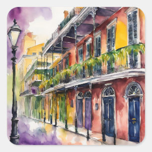 Aesthetic Watercolor Mardi Gras Bourbon Street Square Sticker