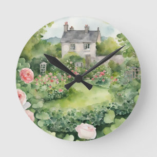 Aesthetic Watercolor Vintage Village  Round Clock