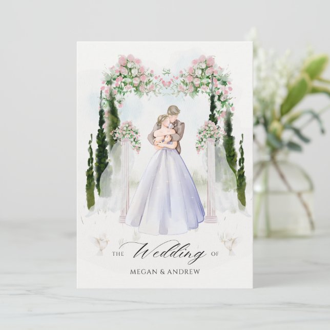 Aesthetic wedding arch garden couple watercolor invitation (Standing Front)