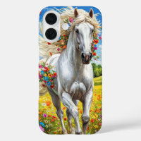 Aesthetic White Horse in Flower Meadow