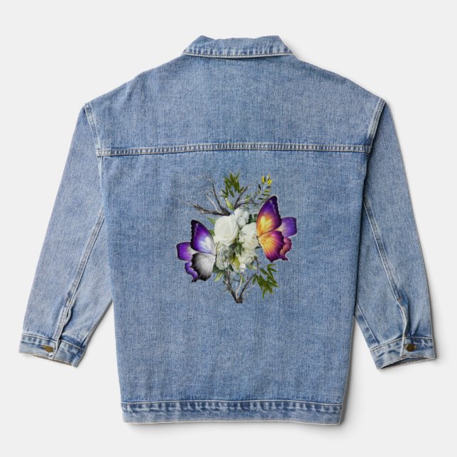 Aesthetic White Rose & Butterfly Graphic Denim Jac Jacket (Back)