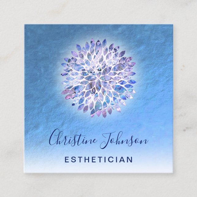 aesthetician blue dahlia decor square business card (Front)