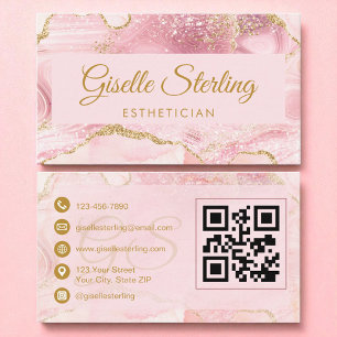 Aesthetician Blush Pink Gold Agate QR Code Business Card