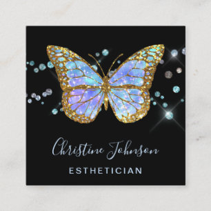 aesthetician faux glitter blue butterfly design square business card